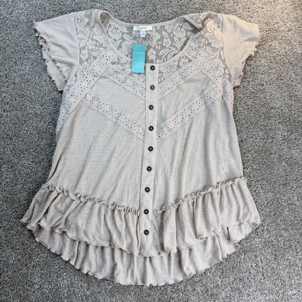 Maurices Blouse Womens M Beige Lace Button Front Flutter Ruffle Tunic Top